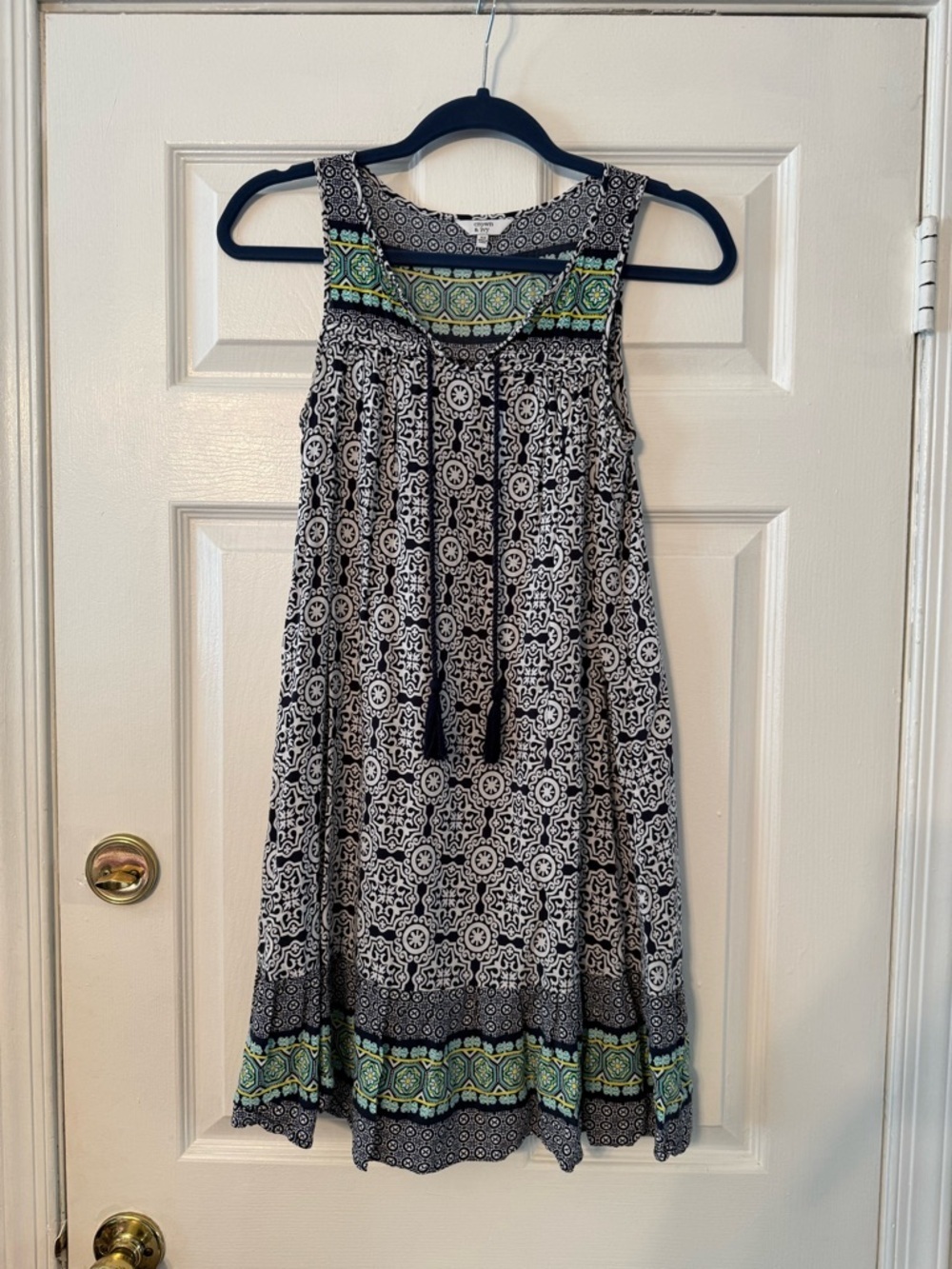 crown & ivy Black and White Printed Mini Dress with Green Accent